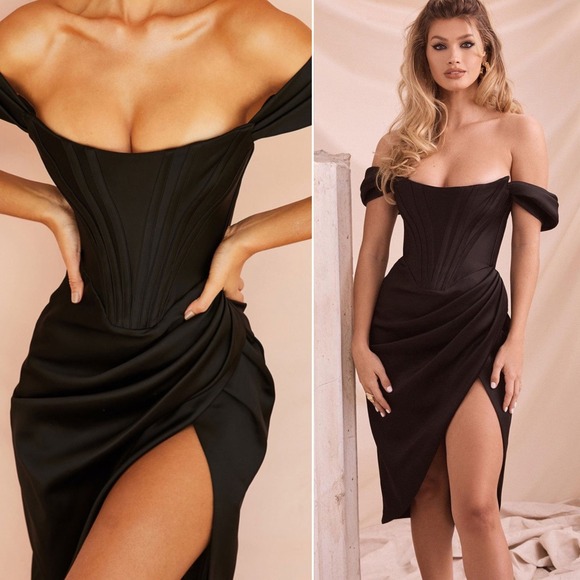 House of CB Dresses & Skirts - NWT House of CB Loretta Off the Shoulder Satin Corset‎ Dress Black - Size Small